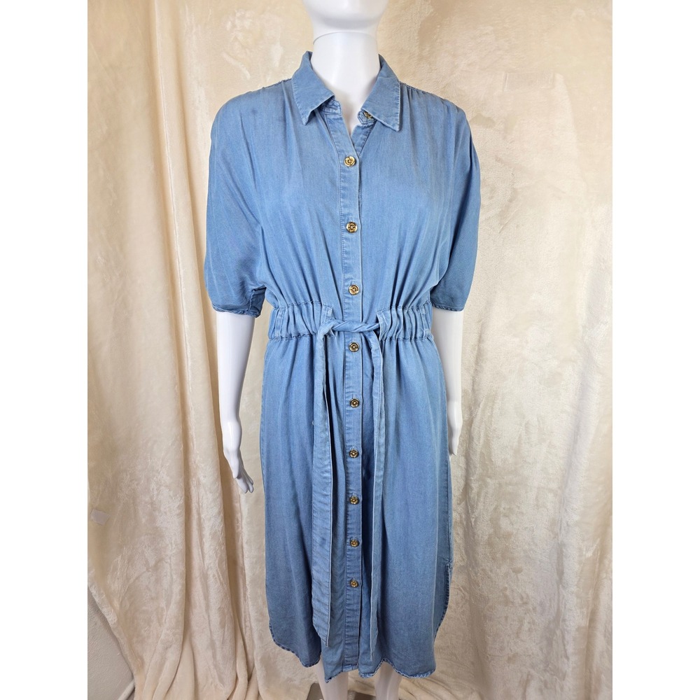Marc New York Andrew Marc Blue Chambray Shirt Dress Short Ruched Sleeve Small